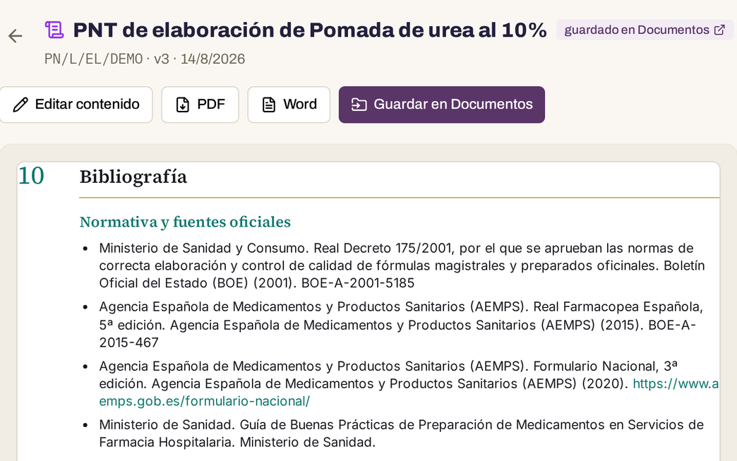 Ficha de un PNT en su versión 3, con los botones de editar contenido y guardar en Documentos, y debajo su bibliografía: cuatro referencias oficiales, entre ellas la Real Farmacopea Española y el Formulario Nacional.