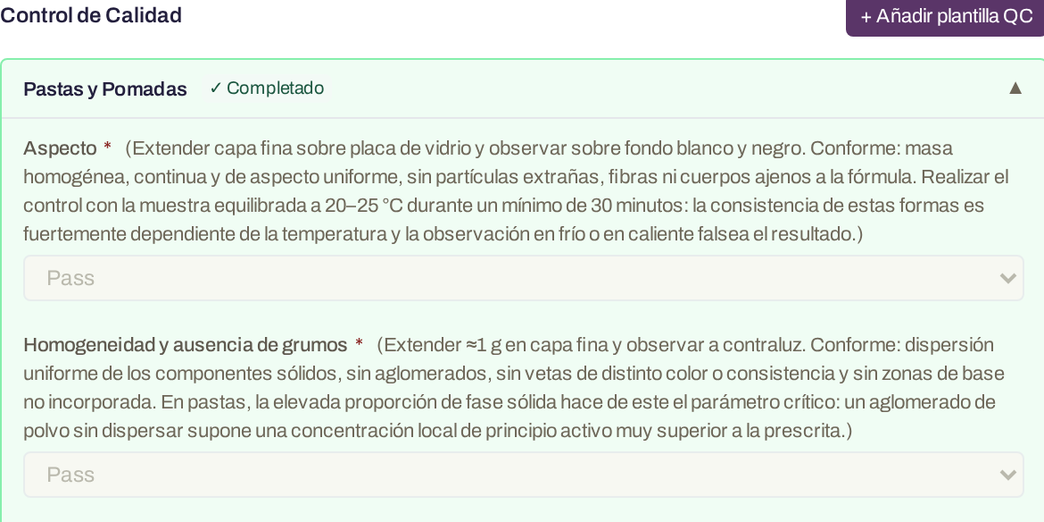 Control de calidad de un lote con la plantilla «Pastas y Pomadas» completada y firmada: cada parámetro muestra su criterio de aceptación y su resultado conforme.