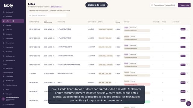 Fotograma de LABFY durante el tutorial «Lotes de materia prima»
